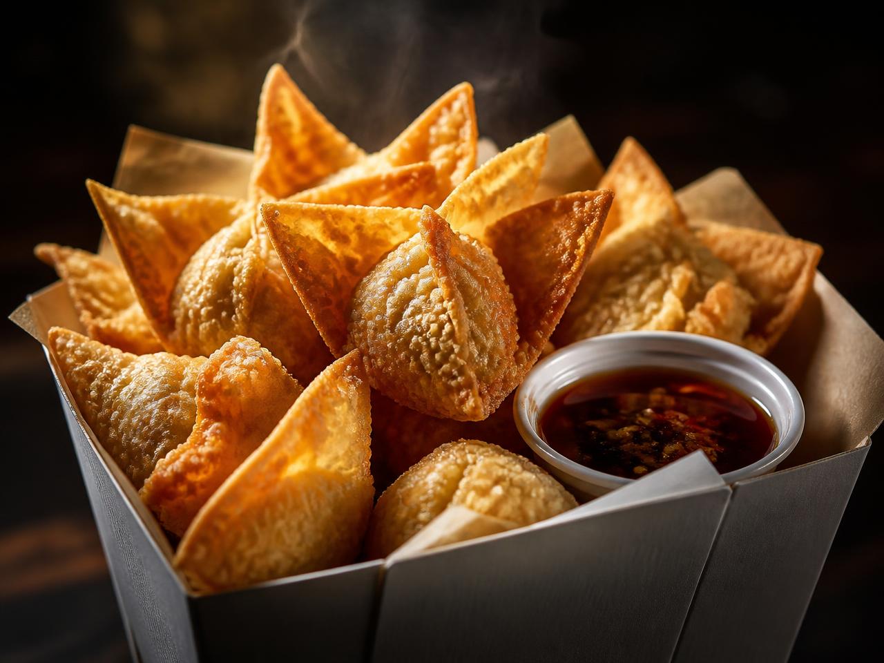 Wantanes crocantes en caja con su salsa